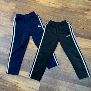 2 PK Adidas Track Pants Kids 5 Black & Blue White 3-Stripe Elastic Waist Sporty
